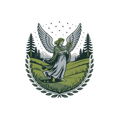 Angel holding a wreath in a serene landscape.