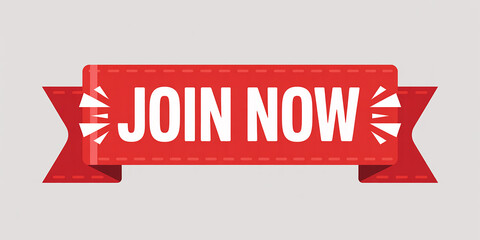 Red banner with JOINOW text and decorative stitched edges join now white