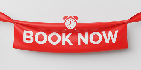 Red banner with " BOKNOW" text and alarm clock graphic on white background book now