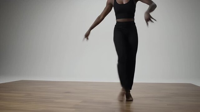 Graceful Dancer Performing Expressive Moves in Studio with Fluid Motion on Wooden Floor