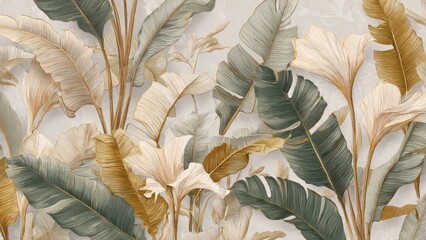 Luxurious Abstract Tropical Leaves Background. Elegant Botanical Wallpaper Design featuring Gold and Sage Green Stylized Banana Plants.