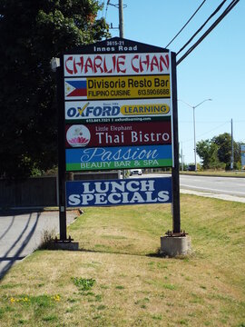 Orleans Ontario, Innes Road, 3615 Innes Road, Multi-business Sign, Pylon Signage, Charlie Chan, Divisoria Resto Bar, Oxford Learning, Little Elephant Thai Bistro, Passion Beauty Bar, Filipino Cuisine,