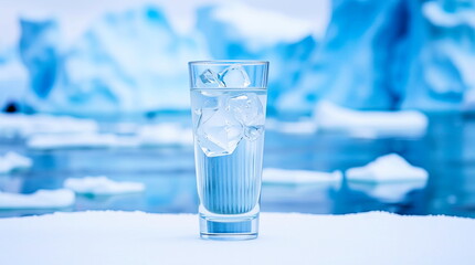 Water and ice cubes in a glass in the cold Arctic