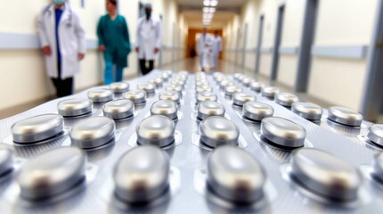 Medicines in a hospital ward against the backdrop of medical staff