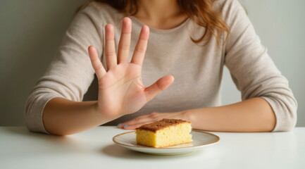 A young woman sits at a table and refuses a sweet pie.