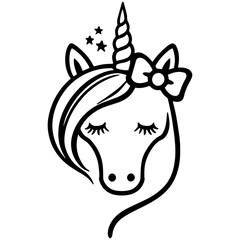 Unicorn head silhouette with stars vector line art, black and white illustration for engrave, laser engrave, prints and magical decor