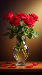 Happy valentine's day festival image with red roses in glass vase