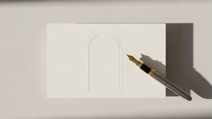 White card mockup with arch design and fountain pen for invitation or greeting card design concept