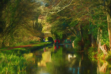 A digital oil painting of narrow boats moored along the Leek branch of the Caldon canal in Staffordshire.