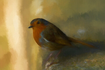 Digital illustration portrait of a European Robin, Erithacus rubecula standing on a wall.