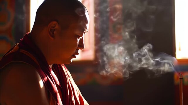 Focused monk meditating with incense, spiritual practice in a serene temple environment