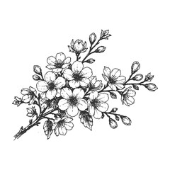 Blooming Flower Branch Line Art Illustration with Floral Botanical Details in Elegant Hand Drawn Black and White Vector Style