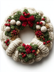 Beautiful knitted white christmas wreath with green leaves, red ribbon bows and berries on white background 