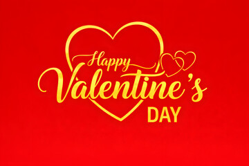 バレンタインデーの金色タイポグラフィとハート（赤背景）