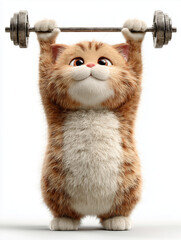 A happy chubby orange cat lifting a heavy barbell over the head while doing exercises on a white background