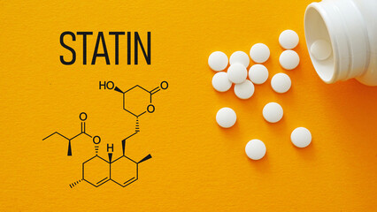 Statins Medication Concept for Cholesterol Control are shown using a text and chemical formula
