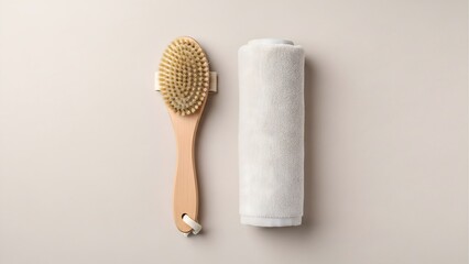 Dry brushing body brush and white towel for spa treatment and skin care routine on neutral background