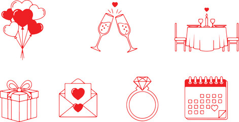 valentine&rsquo;s Day icon pack representing love, dating, and celebration&mdash;heart balloons, champagne toast, romantic dinner symbols, gifts, love letters, engagement ring, and calendar reminder. 