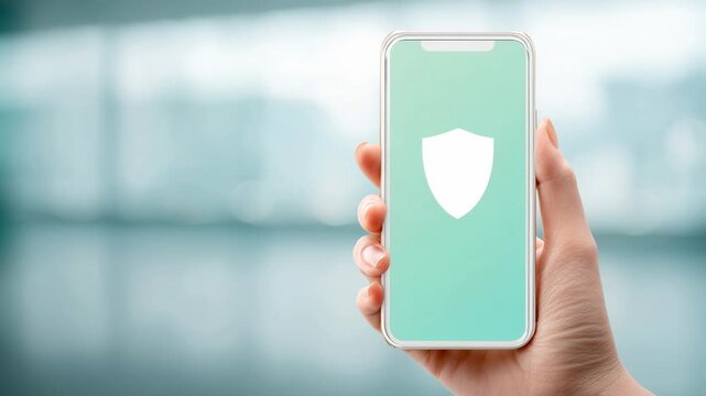Hand holding smartphone with shield icon screen modern mobile security protection and trust serene teal background conveying