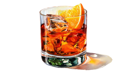 old fashioned whiskey cocktail with ice cubes orange slice garnish rich amber drink isolated on white background