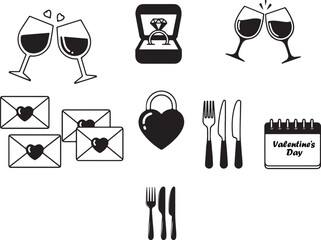 modern flat design collection of romantic celebration icons including wine glasses, proposal ring, wrapped gifts, heart-shaped lock, dinner cutlery, envelopes with hearts, and Valentine&rsquo;s calendar dat