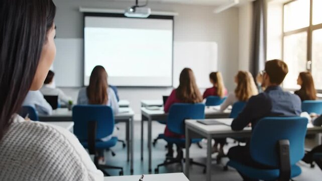 Young asian woman sitting in a classroom with students and a teacher in the background looking to the side