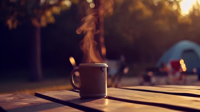 A closeup shot of a wooden table with a cup of coffee on it. The table has a weathered texture with visible grain patterns and a warm, golden hue. The background is blurred.