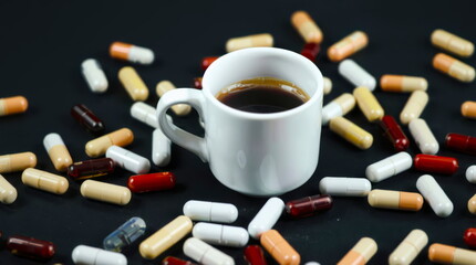 A small mug of coffee with pills nearby. Concept of caffeine-containing medications.