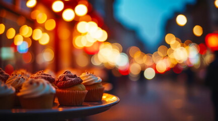 Small cakes on a tray in the evening on a city street