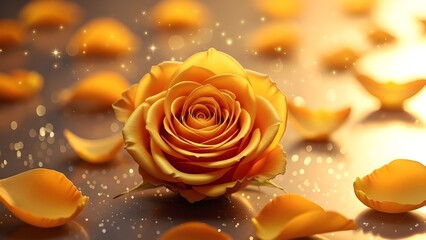 Golden rose on valentine's day festival background with petals