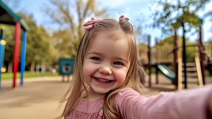 A candid capture of a young girl taking a selfie in a park setting. The style is casual and spontaneous, with a focus on capturing the essence of childhood joy.