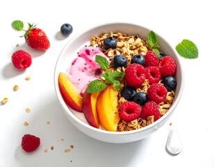 Bright, fresh granola bowl with berries, peach, and pink yogurt. Top view, white background, natural light