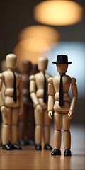 Obraz premium Wooden figures in suits, one leader stands out wearing hat and tie. Soft lighting highlights hierarchy and focus among team members.