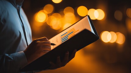 A corporate executive reviews bar graphs and financial data on a folder at night, highlighted by warm bokeh streetlights, concept for financial reporting, market analysis and late-night productivity