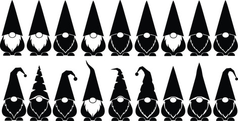 Cute gnome silhouette character set with pointed hats and beards, playful fantasy dwarf figures collection black vector illustration