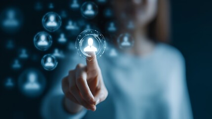 HR Specialist's hand presses glowing digital user icon with connecting lines on a dark blue background, concept for recruitment, social media marketing and human resource management