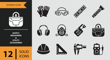 Safety, measuring, and utility accessories a collection of solid icons for various industries