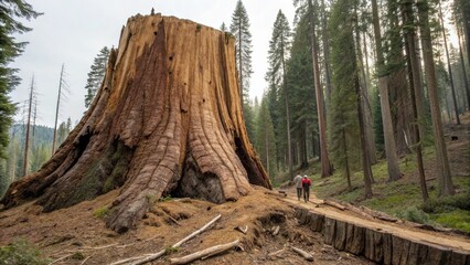 Fototapeta premium Massive Tree Stump Revealing Enormous Scale After Giant Forest Tree Was Cut Down