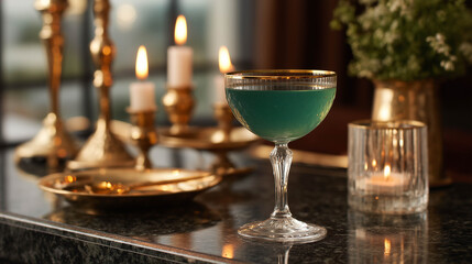A deep emerald green absinthe cocktail served in a coupe glass, surrounded by antique bar tools and candlelight reflections on black granite.