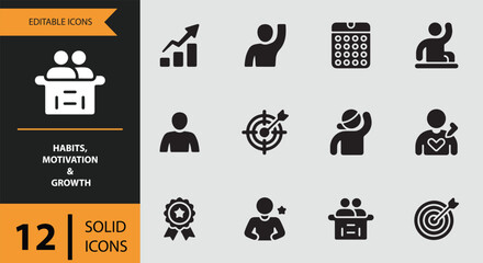 A comprehensive set of solid icons representing habits, motivation, and personal growth concepts