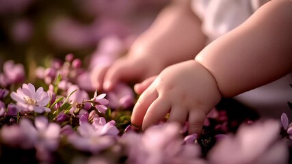 A closeup of a childs hand reaching out amidst a field of pink flowers. The childs fingers are delicately touching the flowers, suggesting a moment of connection or connection between them.