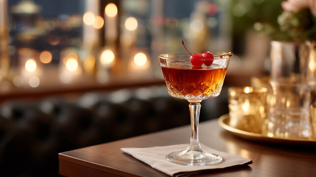 A classic Manhattan cocktail with maraschino cherry in a crystal coupe glass, backlit with warm golden bar lights and dark leather textures in background.