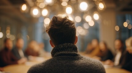 Back view of a young professional in a turtleneck leading a business meeting under warm bokeh lighting, concept for team discussion, executive coaching and corporate planning