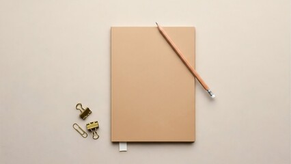 Beige notebook mockup with pencil and clips for branding stationery and creative workspace flat lay design