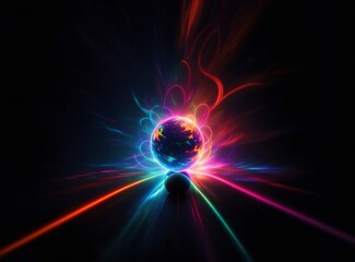 Vibrant, swirling lines of pink, blue, and purple emanate from a central point, creating an abstract, energetic composition with a glossy, smooth surface and repetitive patterns.