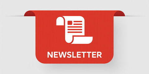 Red newsletter tab with document icon and text on light gray background bookmark ribbon