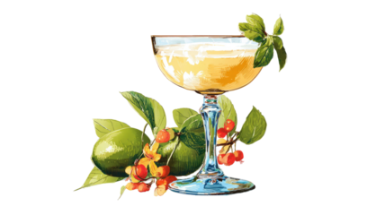 Elegant coupe cocktail glass with citrus fruits mint leaves botanical garnish vintage alcoholic drink isolated on white background