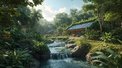  A tranquil forest scene featuring a clear river flowing beside a traditional wooden house surrounded by lush greenery and soft sunlight.