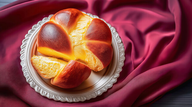 Pinza Triestina, a special treat during Easter in Trieste.  Traditional sweet Italian bread placed onto an antique silver tray, deep burgundy material. Concept of Italian Easter desserts.