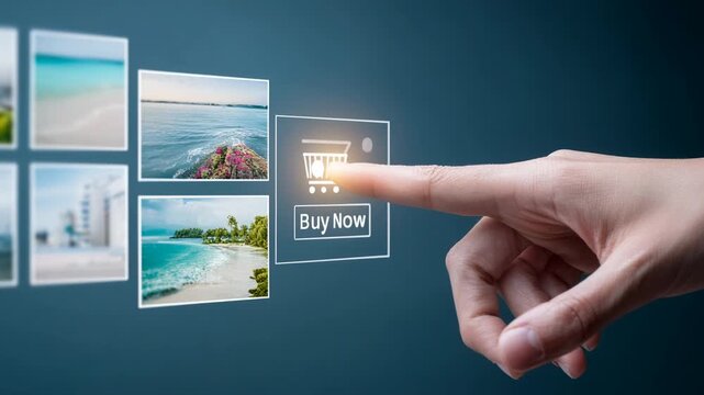 Finger touching virtual buy now button shopping cart interface. buy now button glowing as finger selects travel photo
